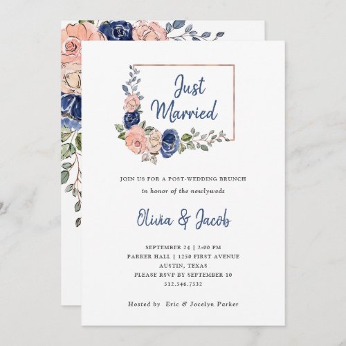 Blush and Navy Floral Geometric  Just Married Invitation