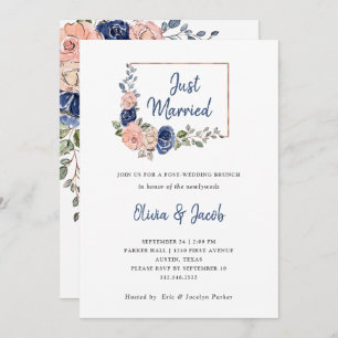 Blush and Navy Floral Geometric Just Married Invitation