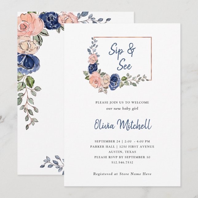 Blush and Navy Floral Geometric | Sip and See Invitation (Front/Back)