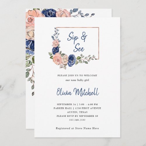 Blush and Navy Floral Geometric  Sip and See Invitation