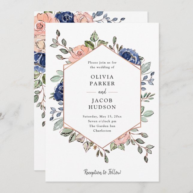 Blush and Navy Floral Geometric | Wedding Invitation (Front/Back)