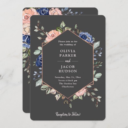 Blush and Navy Floral on Charcoal  Wedding Invitation