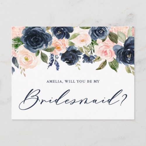 Blush and Navy Floral Will You Be My Bridesmaid Postcard