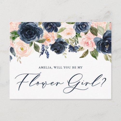 Blush and Navy Floral Will You Be My Flower Girl Postcard