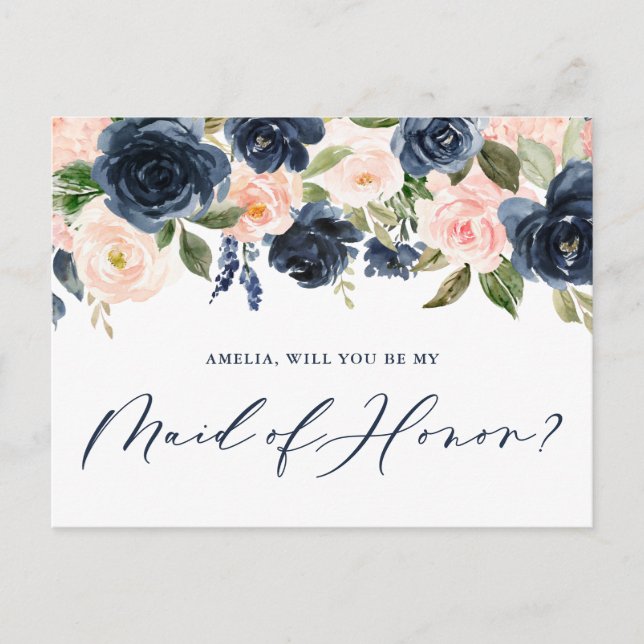 Blush and Navy Floral Will You Be My Maid of Honor Postcard (Front)