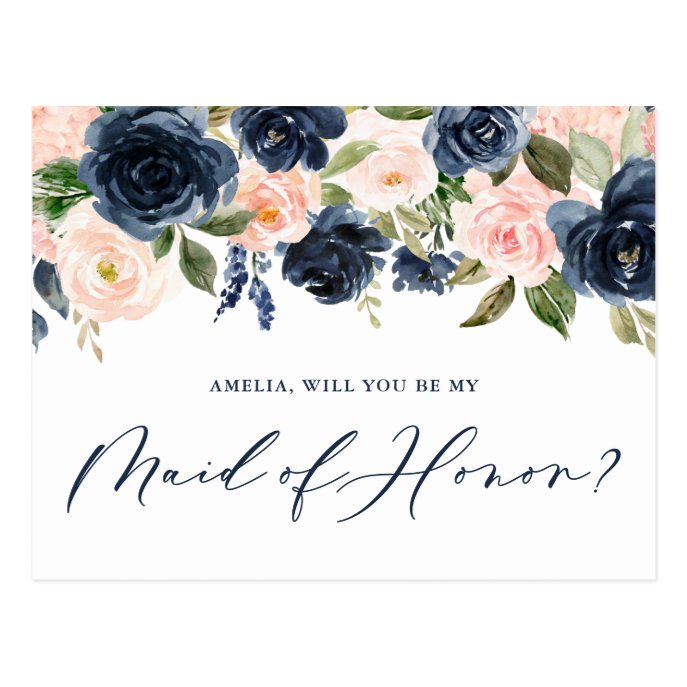 Blush and Navy Floral Will You Be My Maid of Honor Postcard