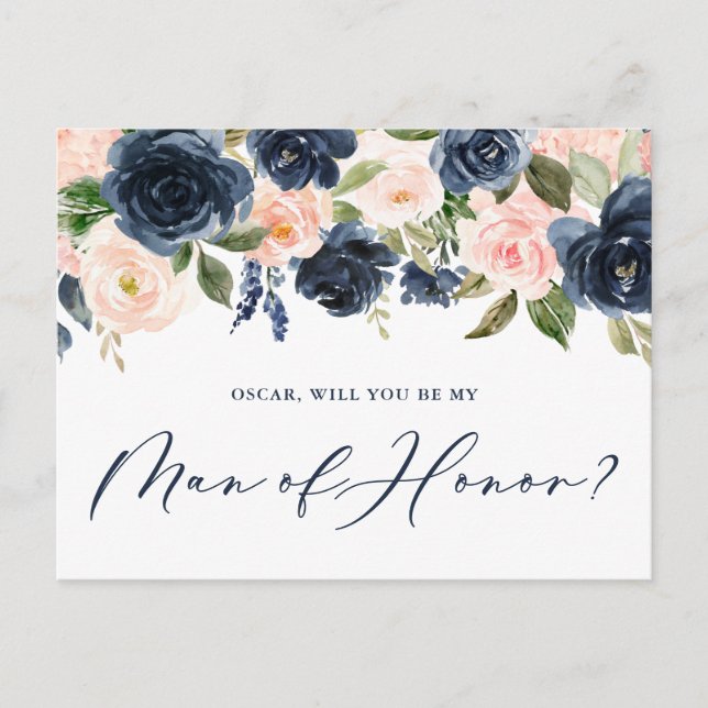 Blush and Navy Floral Will You Be My Man of Honor Postcard (Front)