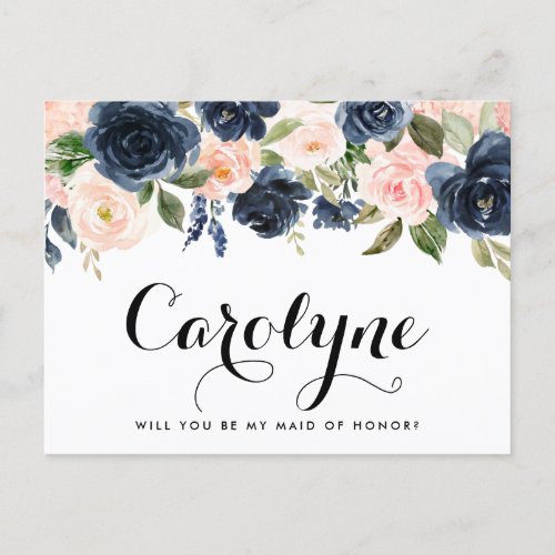 Blush and Navy Flower Will You Be My Maid of Honor Postcard