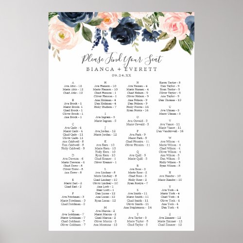 Blush and Navy Flowers Alphabetical Seating Chart