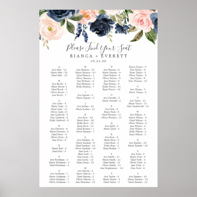 Blush and Navy Flowers Alphabetical Seating Chart (Front)