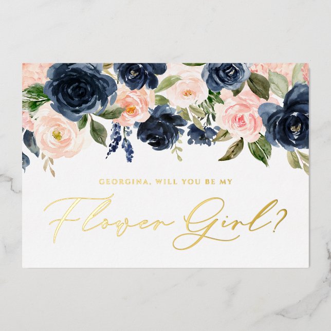 Blush and Navy Flowers Be My Flower Girl Foil Invitation (Front)