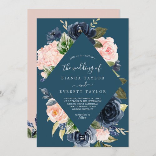 Blush and Navy Flowers  Blue All In One Wedding Invitation