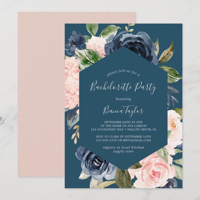 Blush and Navy Flowers Blue Bachelorette Party Invitation (Front/Back)
