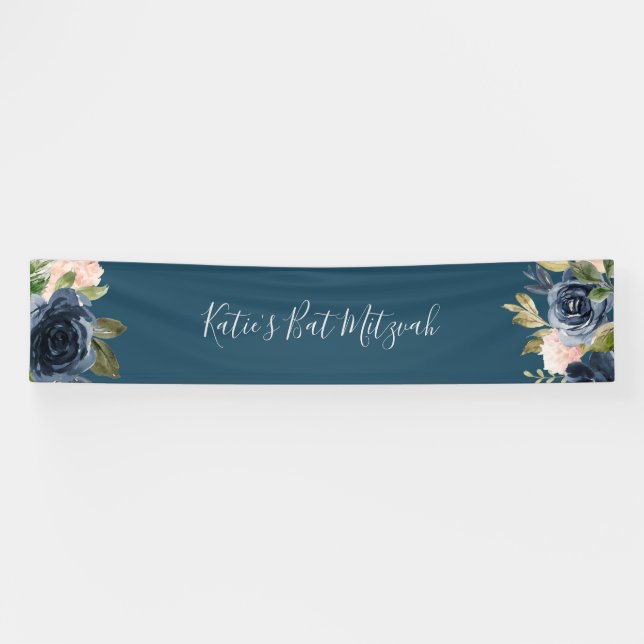 Blush and Navy Flowers | Blue Bat Mitzvah Banner (Horizontal)