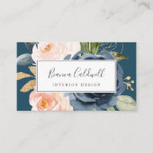 Blush and Navy Flowers | Blue Business Card (Front)