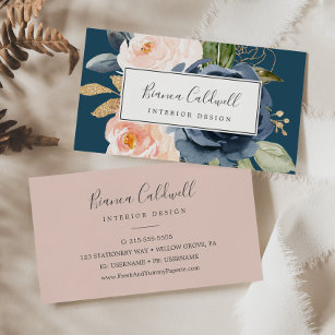 Blush and Navy Flowers   Blue Business Card