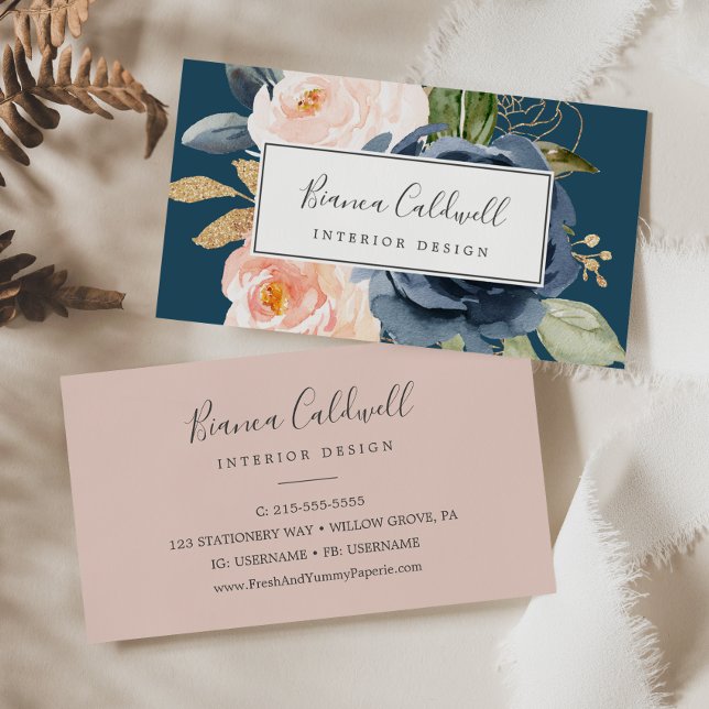 Blush and Navy Flowers | Blue Business Card