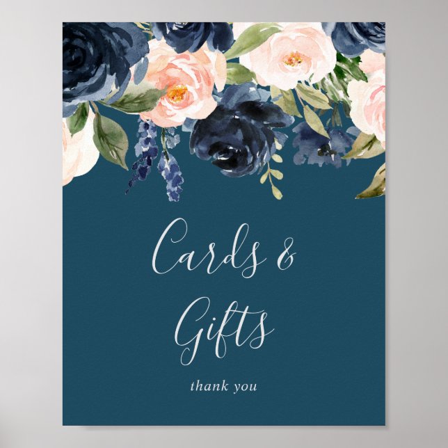 Blush and Navy Flowers Blue Cards and Gifts Sign (Front)