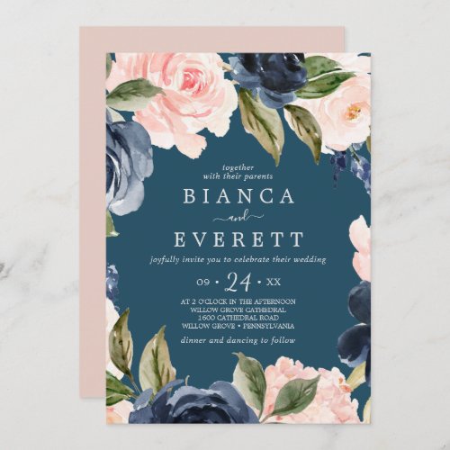 Blush and Navy Flowers  Blue Casual Wedding Invitation