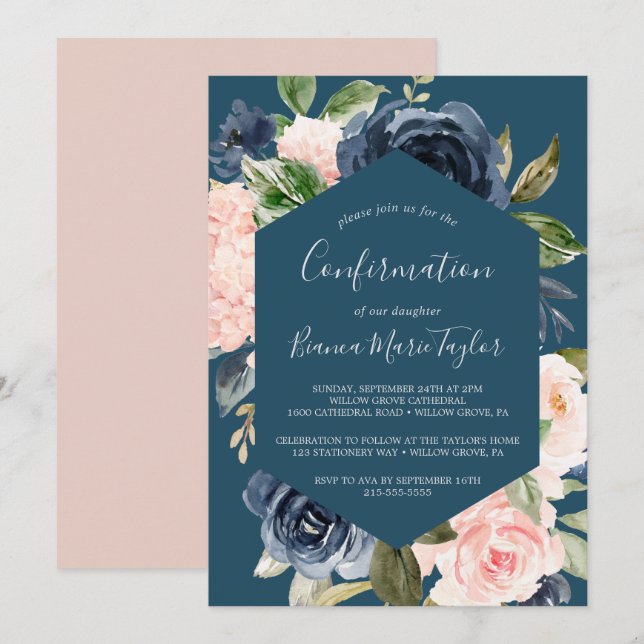Blush and Navy Flowers | Blue Confirmation Invitation (Front/Back)