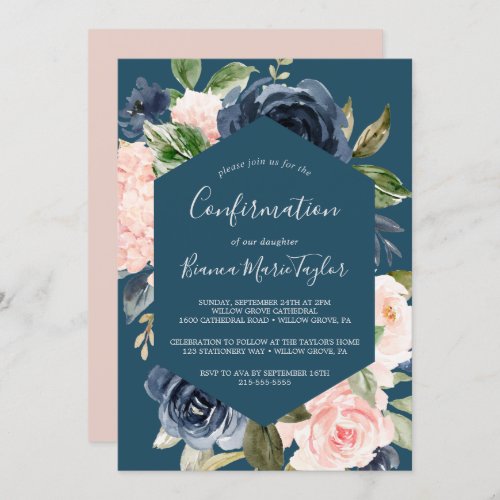 Blush and Navy Flowers  Blue Confirmation Invitation