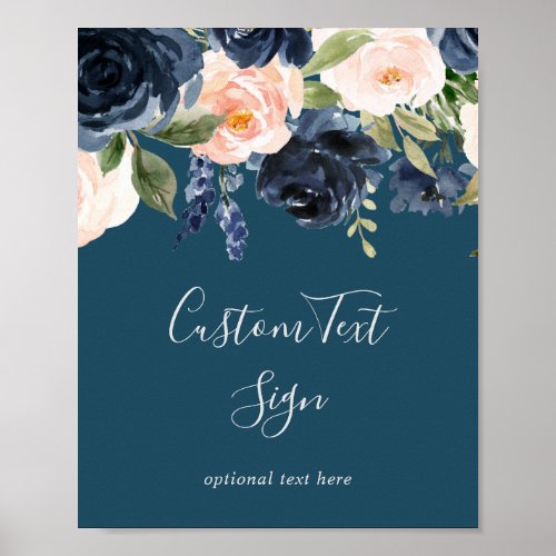 Blush and Navy Flowers  Blue Custom Text Sign
