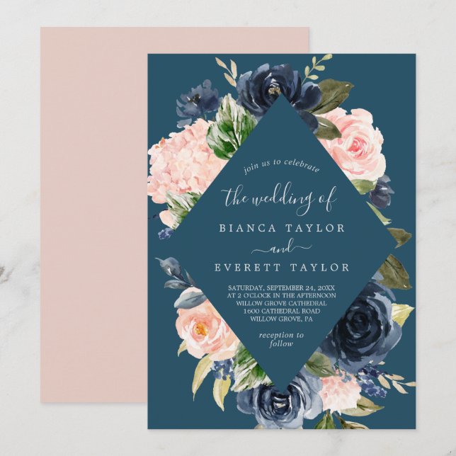 Blush and Navy Flowers | Blue Diamond Wedding Invitation (Front/Back)