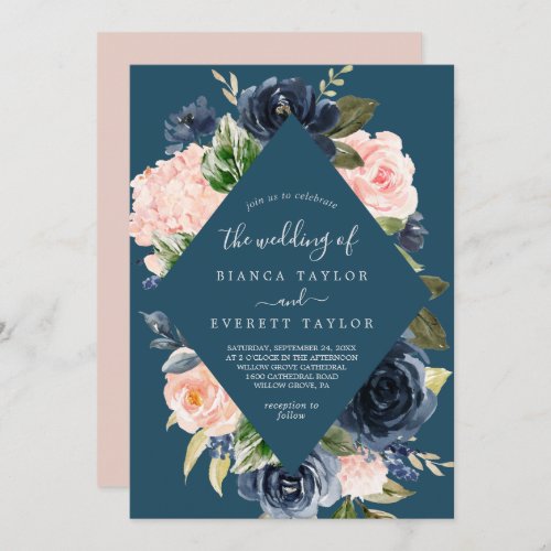 Blush and Navy Flowers  Blue Diamond Wedding Invitation