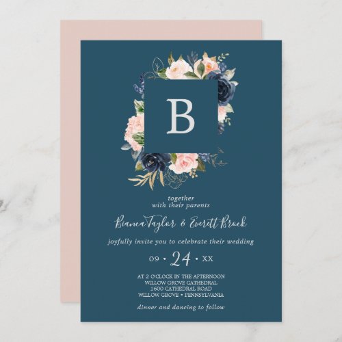 Blush and Navy Flowers  Blue Monogram Wedding Invitation