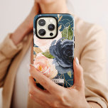 Blush and Navy Flowers | Blue Personalized Name iPhone XR Case<br><div class="desc">This blush and navy flowers blue personalized name phone case is the perfect gift for her. The classic and elegant design features modern watercolor navy blue and blush pink flowers on a teal blue background. Personalize the case with her first or last name.</div>