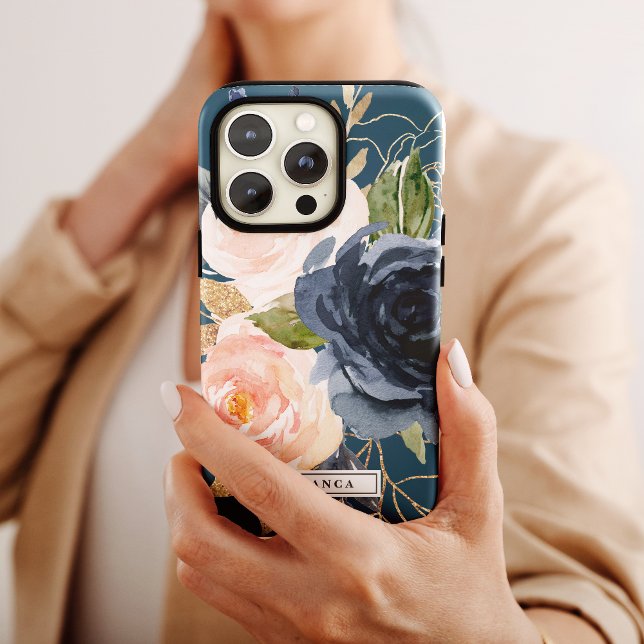 Blush and Navy Flowers | Blue Personalized Name Case-Mate iPhone Case (Creator Uploaded)