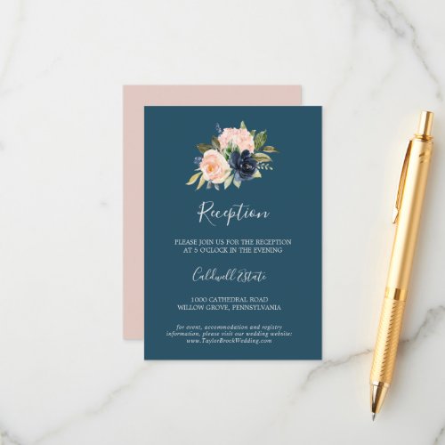 Blush and Navy Flowers Blue Reception Insert Card