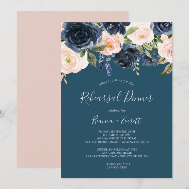 Blush and Navy Flowers | Blue Rehearsal Dinner Invitation (Front/Back)