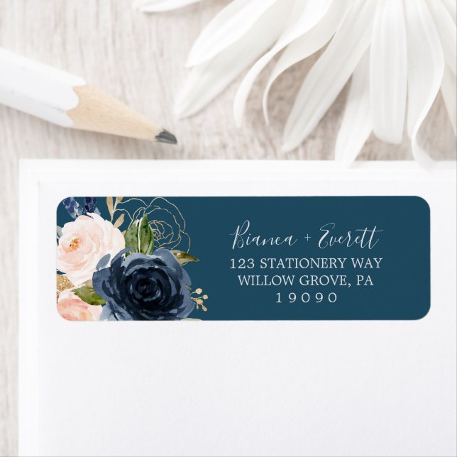 Blush and Navy Flowers Blue Return Address Label (Insitu)