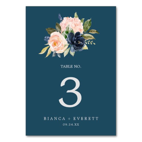 Blush and Navy Flowers  Blue Table Number