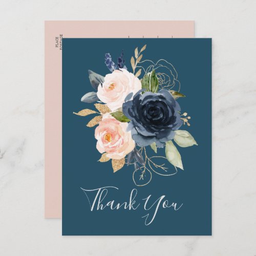 Blush and Navy Flowers  Blue Thank You Postcard