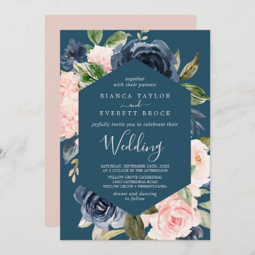 Blush and Navy Flowers  Blue Wedding Invitation