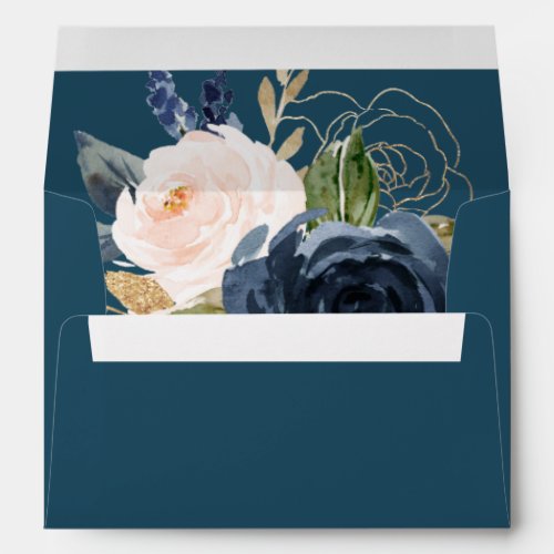 Blush and Navy Flowers  Blue Wedding Invitation Envelope