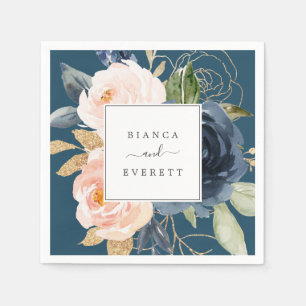 Blush and Navy Flowers Blue Wedding Napkins