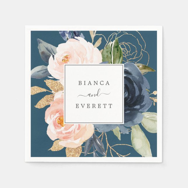 Blush and Navy Flowers | Blue Wedding Napkins (Front)