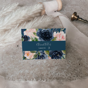 Blush and Navy Flowers   Blue Wedding Place Cards