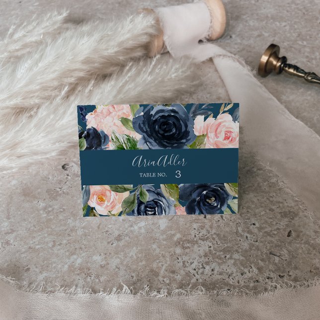 Blush and Navy Flowers | Blue Wedding Place Cards (Creator Uploaded)