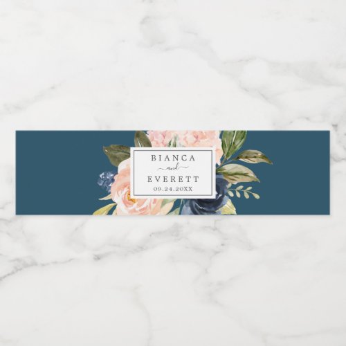 Blush and Navy Flowers  Blue Wedding Water Bottle Label