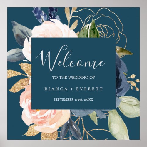 Blush and Navy Flowers  Blue Welcome Wedding Poster