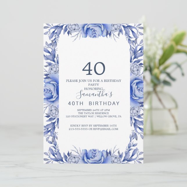 Blush and Navy Flowers Blue Wreath 40th Birthday  Invitation (Standing Front)