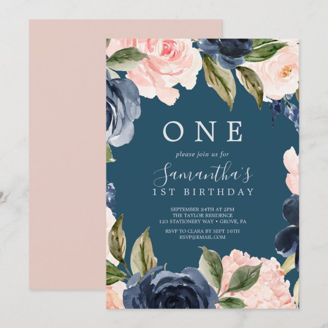 Blush and Navy Flowers Blue Wreath First Birthday Invitation (Front/Back)