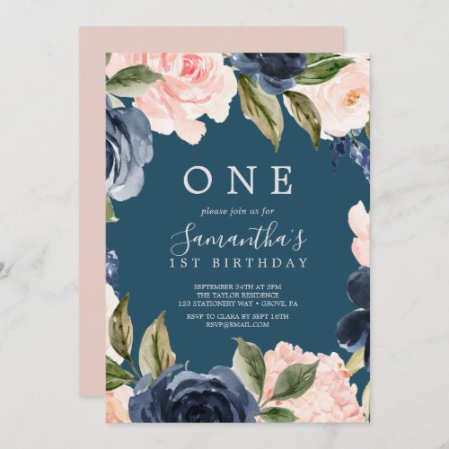 Blush and Navy Flowers Blue Wreath First Birthday Invitation