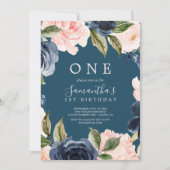 Blush and Navy Flowers Blue Wreath First Birthday Invitation (Front)