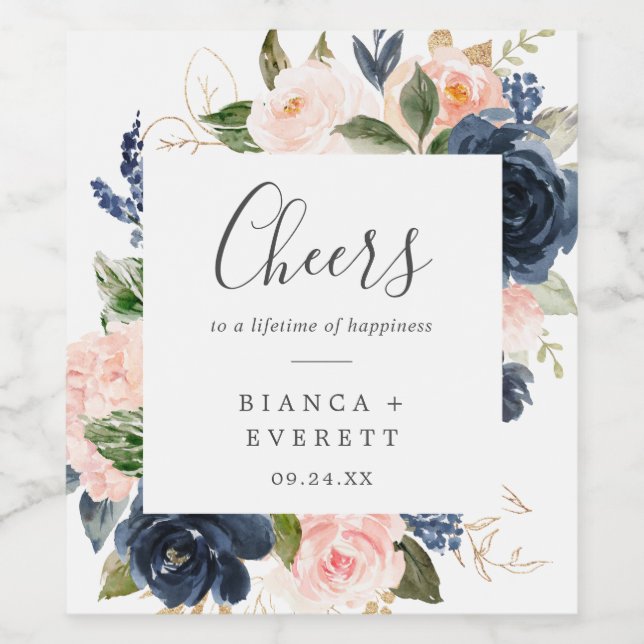Blush and Navy Flowers Cheers Wedding Wine Labels (Single Label)