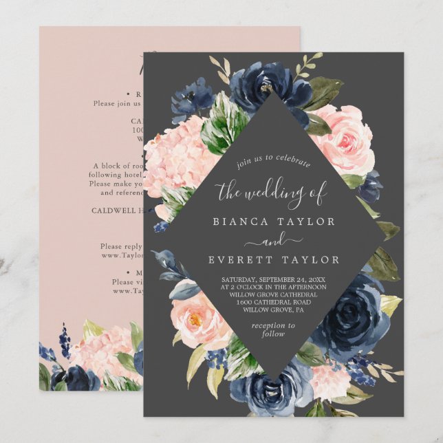 Blush and Navy Flowers | Gray All In One Wedding Invitation (Front/Back)